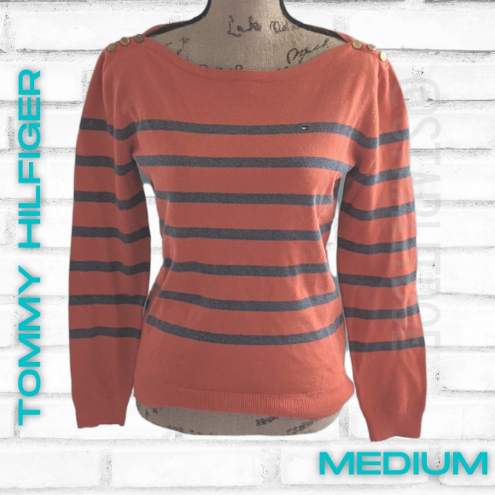 *PENDING* Tommy Hilfiger Boat Neck Long Sleeve Striped Top Med Bright Peach Gray